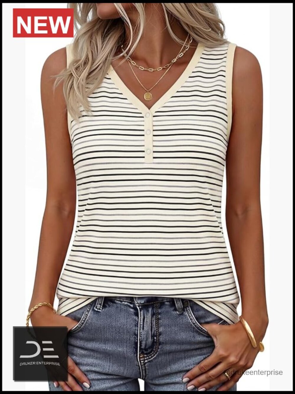 Striped V-Neck Sleeveless Casual Henley Button Cami Tank Top